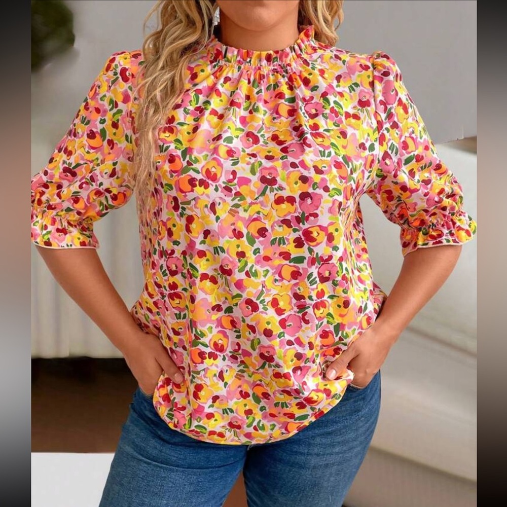 Celure Plus Size Summer Casual Ditsy Floral Print Ruffle Sleeve Elegant Blouse